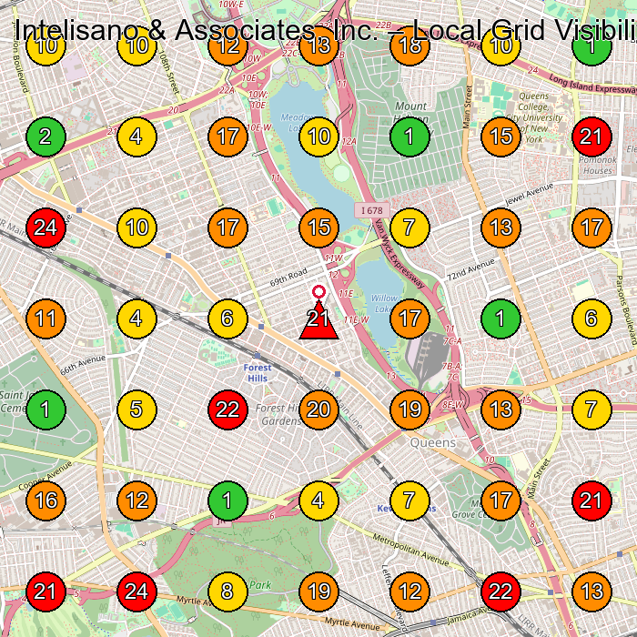 Intelisano & Associates, Inc. Insurance Agency GeoGrid ranking map for Forest Hills NY